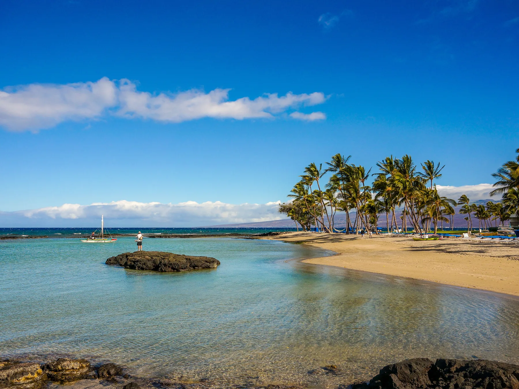 A tropical beach with calm shallow water and palm trees along the shore.