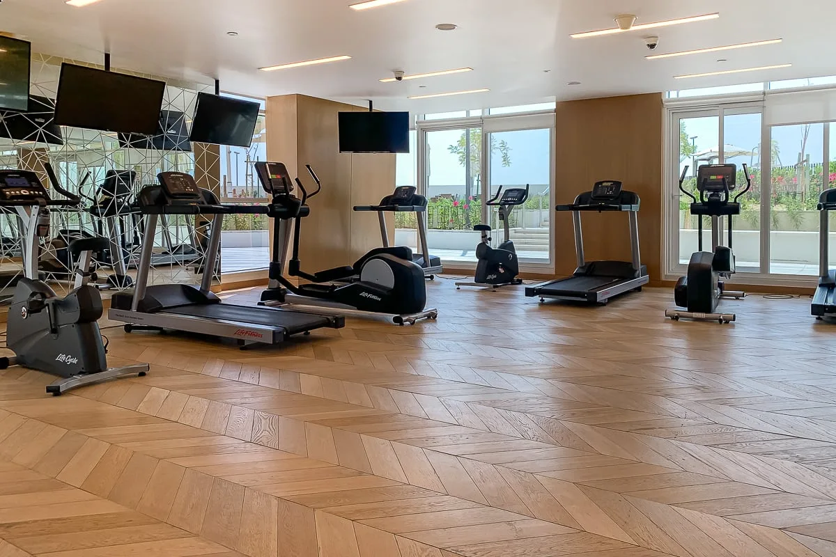 A gym with exercise machines and treadmills beside large windows.