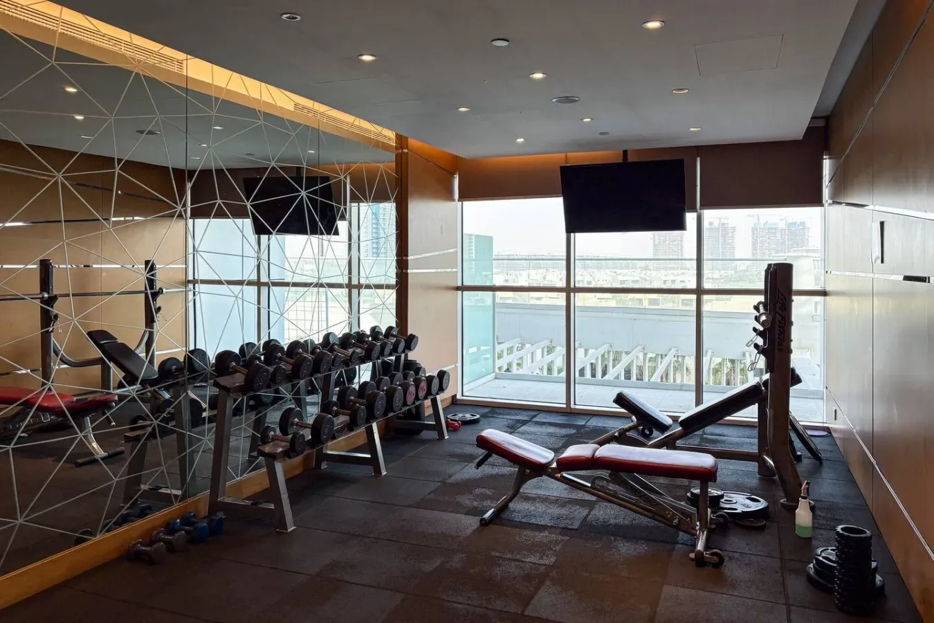Zona de gimnasio con pesas, bancos y grandes ventanales.