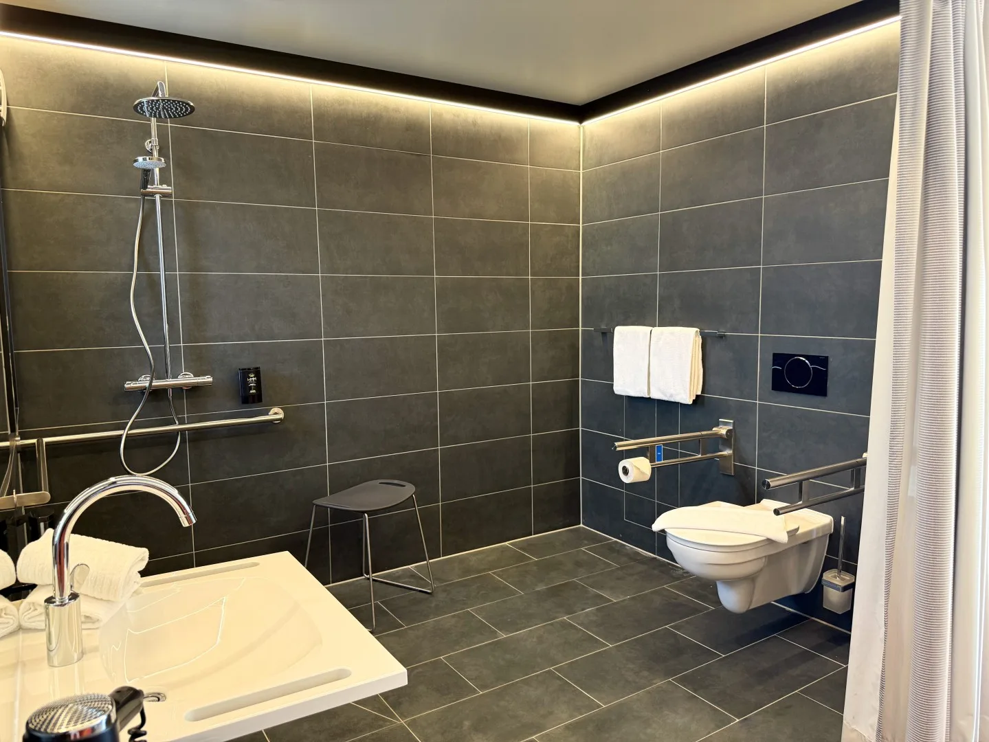 Baño de la habitación accesible de dos camas.