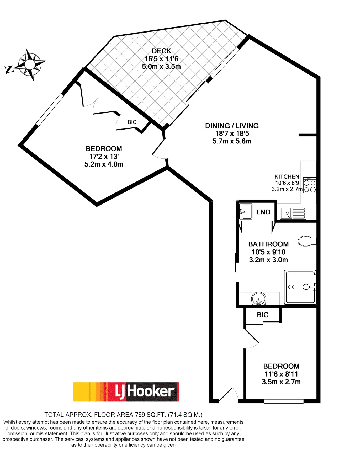 A floor plan shows two bedrooms, a dining and living area, and a deck.