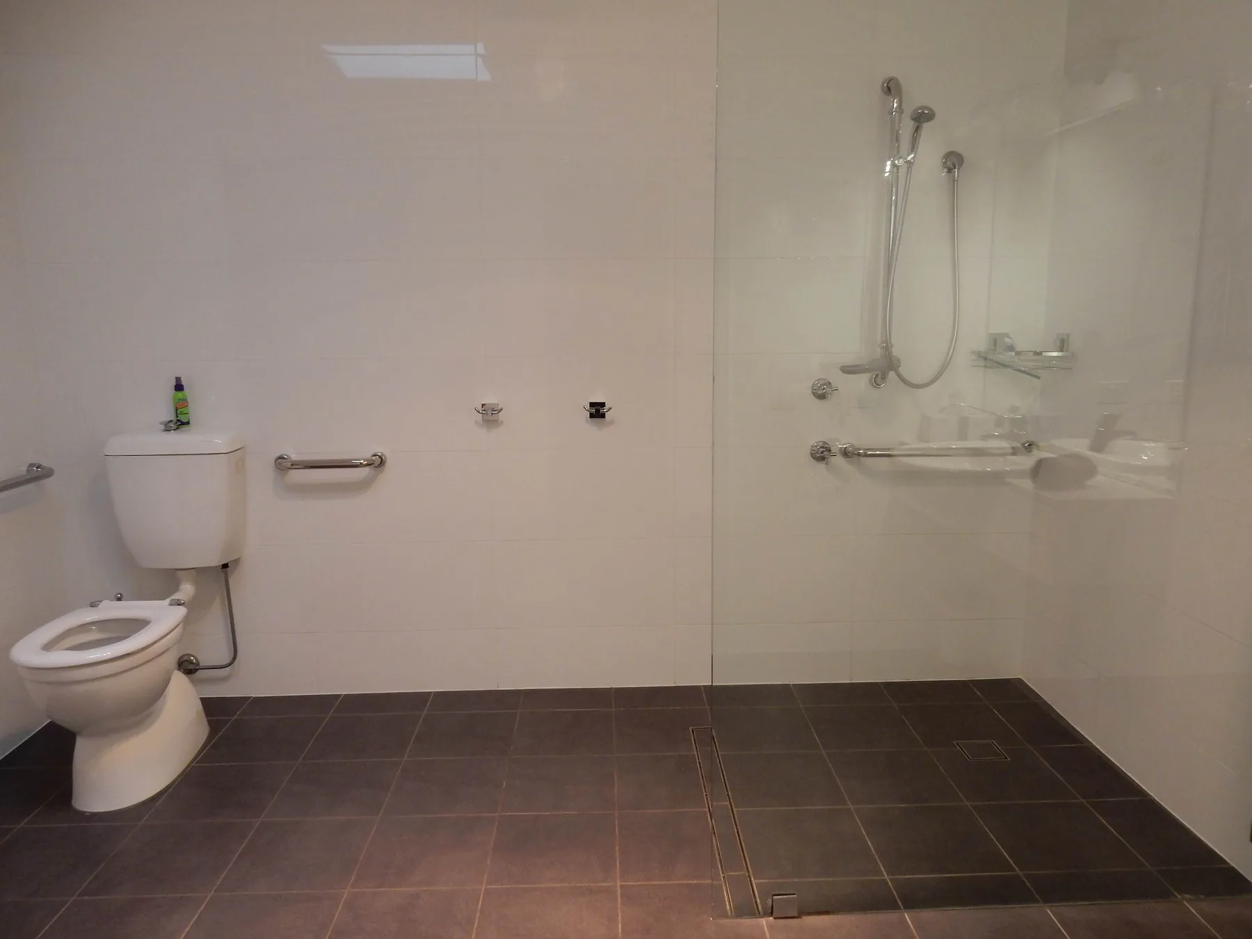 A bathroom with a toilet and shower area.