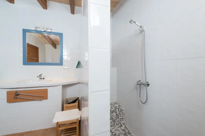 A tiled bathroom with a sink, mirror, and shower.