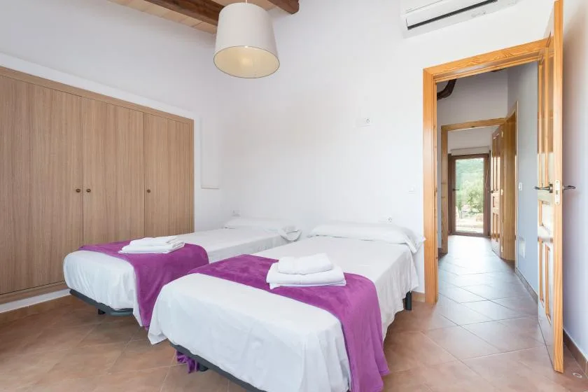 A bright bedroom with two beds dressed in white linens and purple runners.