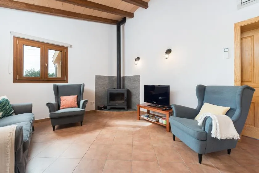 A living room with seating, a television, and a wood-burning stove.