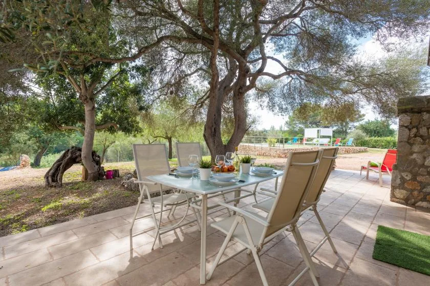 A shaded outdoor dining area has a glass table and seating beneath leafy trees.