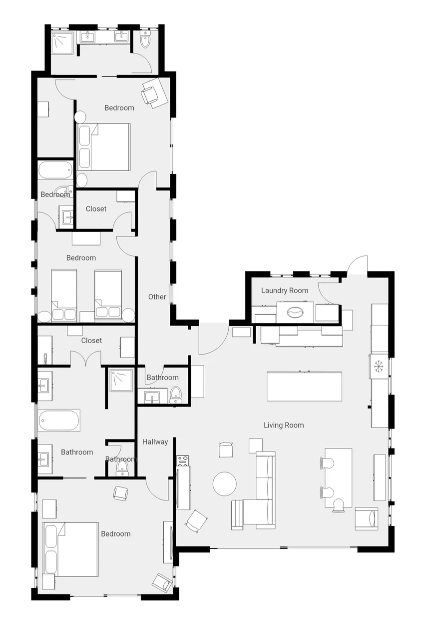 A floor plan shows several bedrooms, bathrooms, and a central living area.