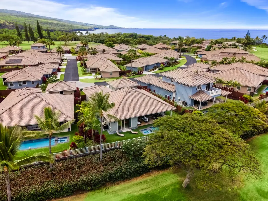 Aerial view of a residential neighborhood with homes, greenery, and the ocean beyond.