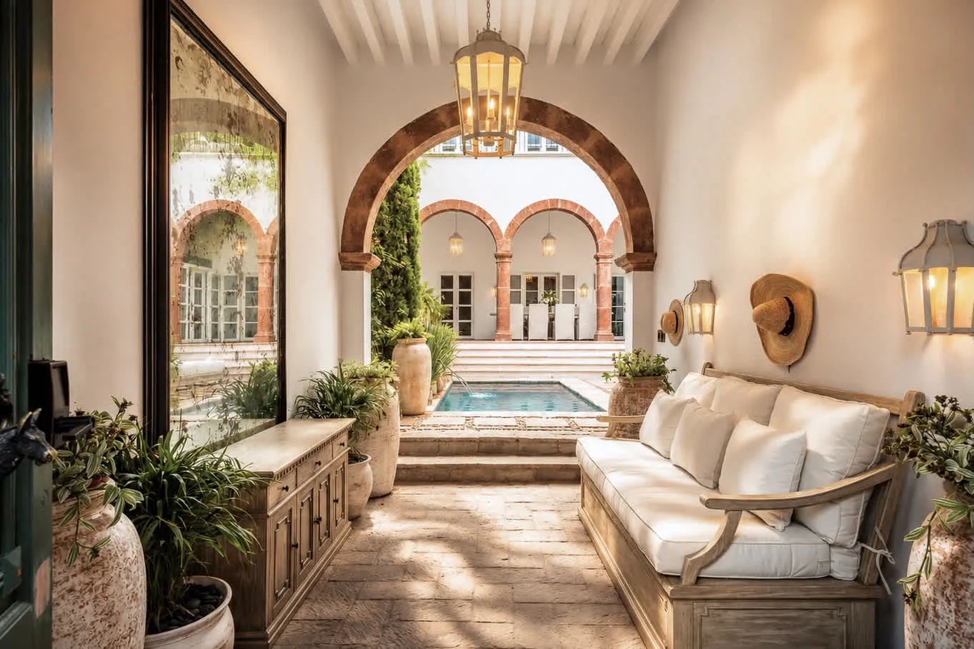 A bright indoor sitting area opens through a stone arch toward a small courtyard pool.