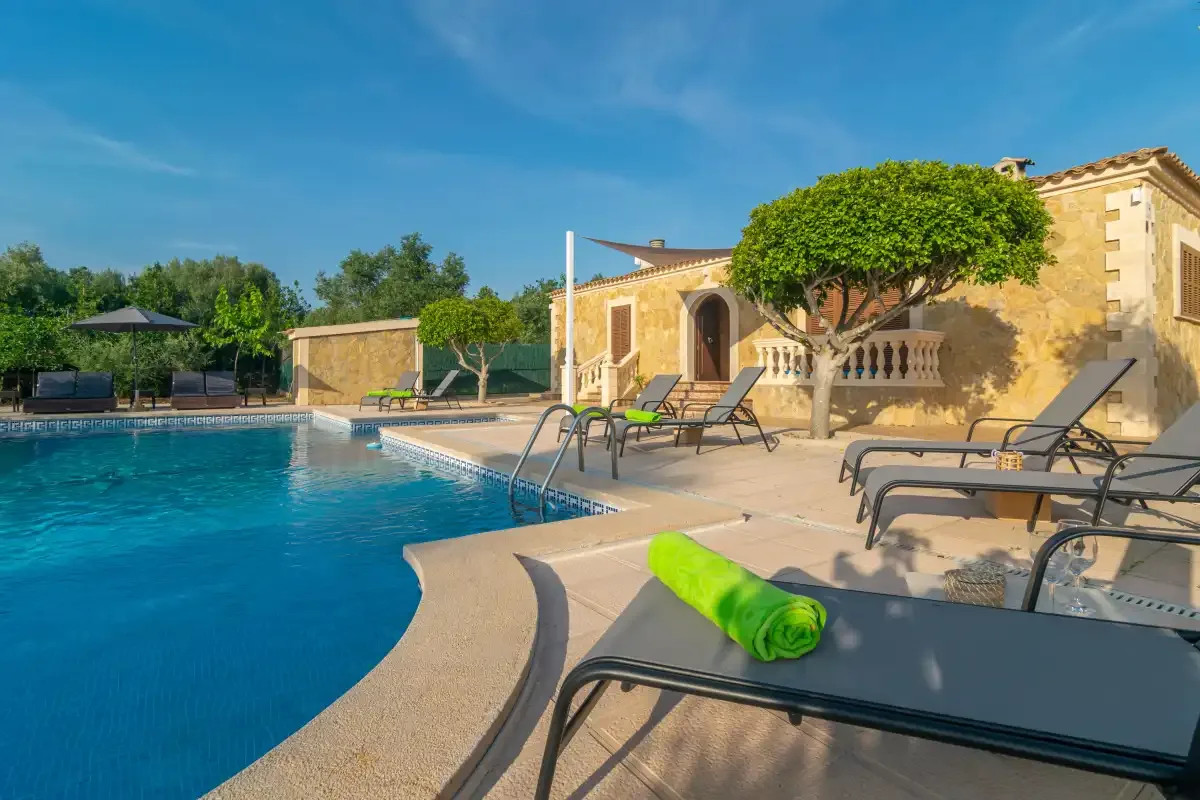 A swimming pool beside a stone building, with lounge seating and a leafy tree.