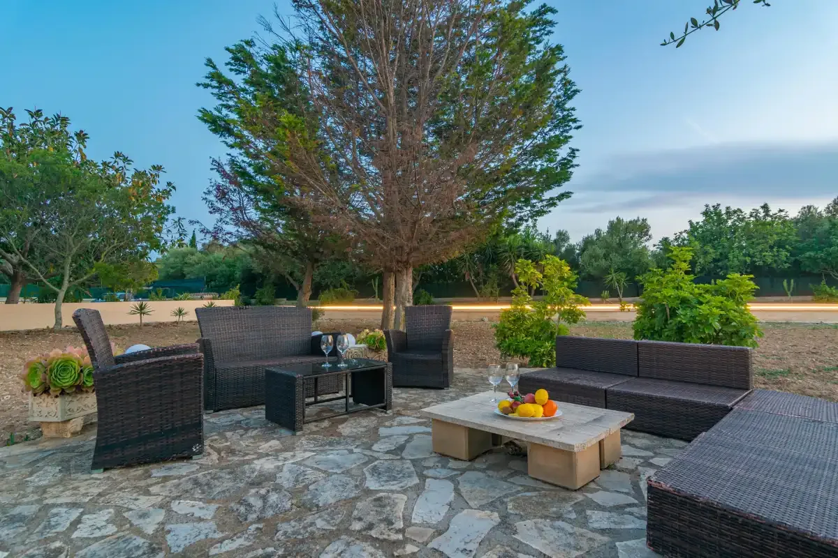 An outdoor patio with dark seating and a low table sits beneath a large tree.