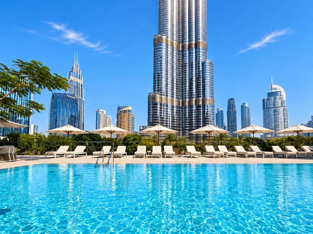 Una piscina en la azotea ofrece vistas al horizonte urbano, con asientos junto al agua.