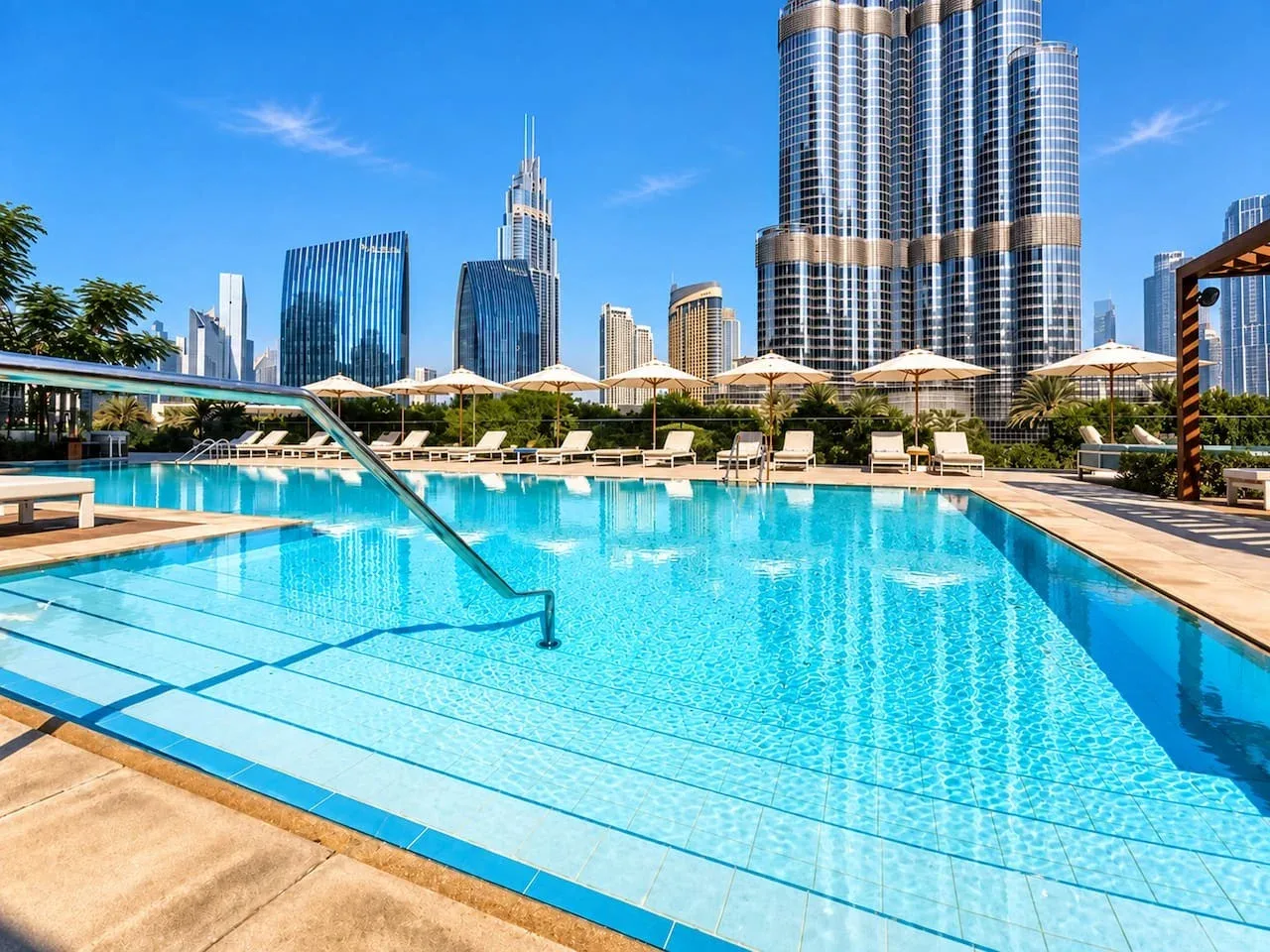 Una piscina en la azotea ofrece vistas de varios edificios altos de la ciudad.
