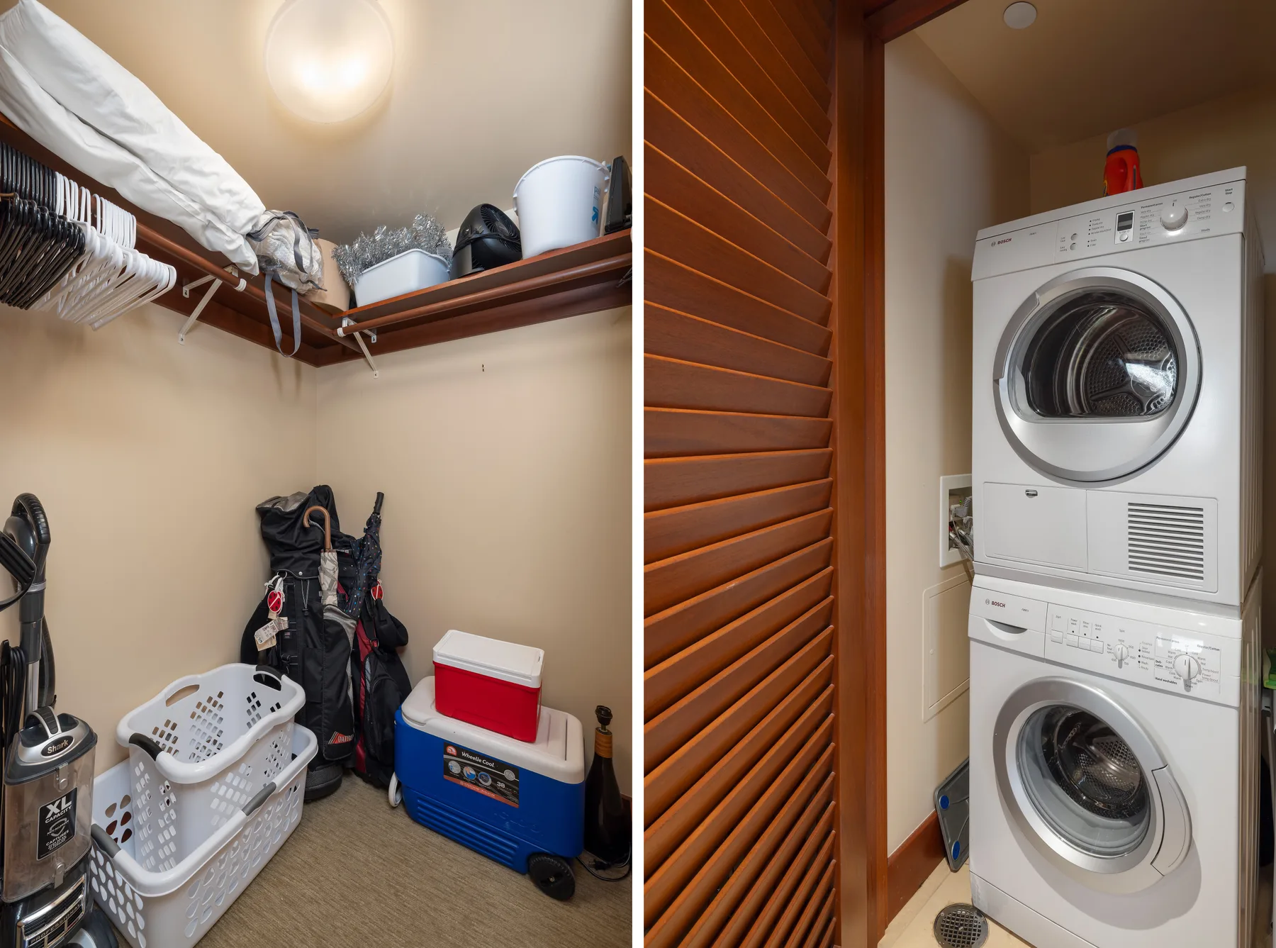 Una zona de lavandería y almacenamiento con máquinas apiladas y artículos del hogar.