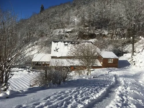 Snow-covered mountain guesthouse buildings.