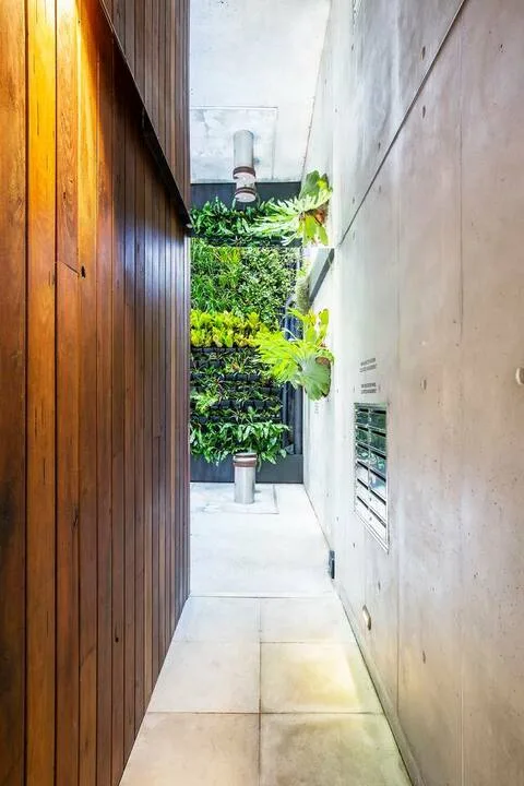 Un pasillo interior estrecho con una pared de madera y un jardín vertical al fondo.