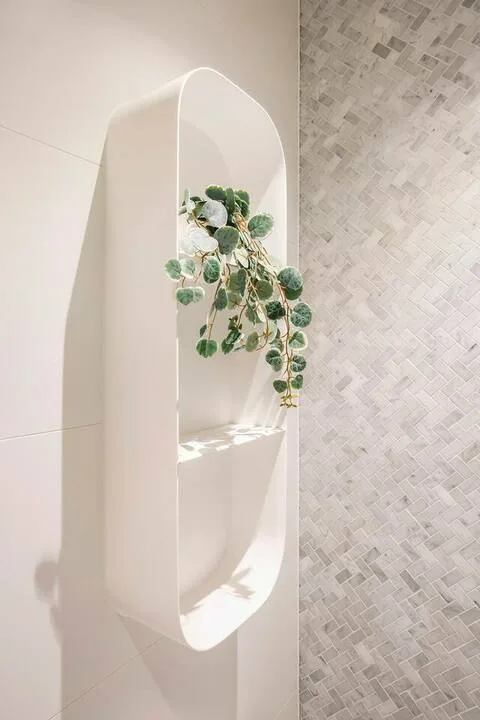 Un nicho decorativo en la pared contiene una planta colgante junto a una pared clara con patrón.