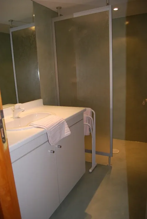 Baño con lavabo, toallero y ducha.
