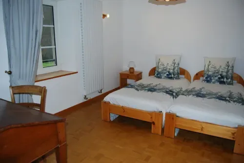 Habitación con dos camas individuales, muebles de madera y vistas al jardín.