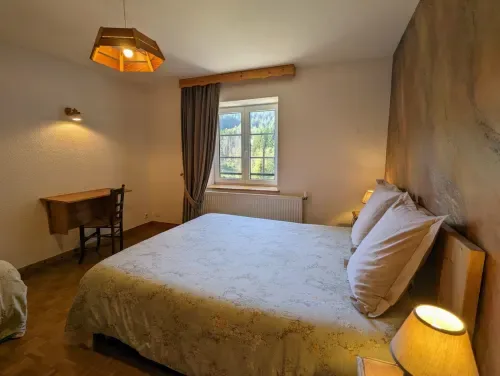 Habitación con cama queen size, escritorio de madera y vistas al jardín.
