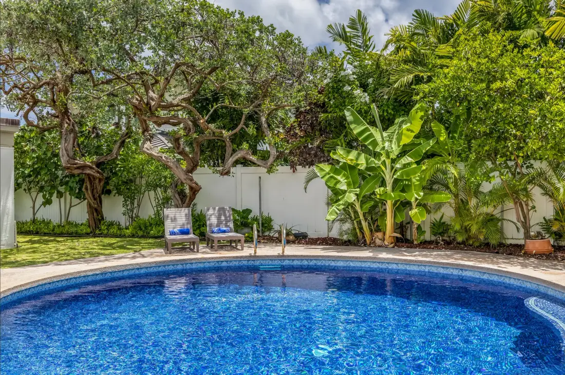 Una piscina azul está en un jardín frondoso junto a dos tumbonas.