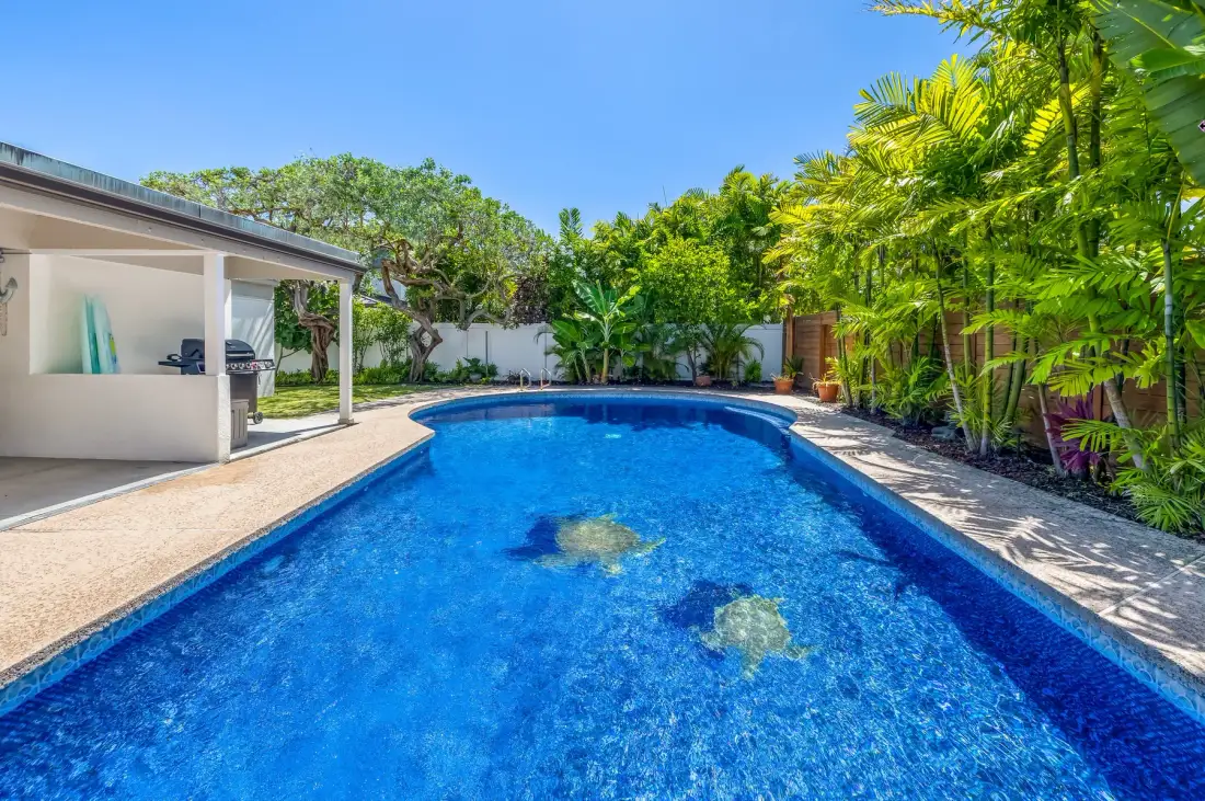 Una piscina al aire libre está rodeada por una terraza pavimentada y vegetación tropical.