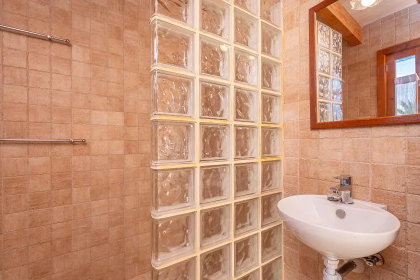 Baño con azulejos, una división de bloques de vidrio y un espejo.