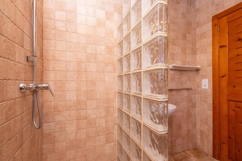 Un baño alicatado con una ducha de pared junto a una pared de bloques de vidrio.