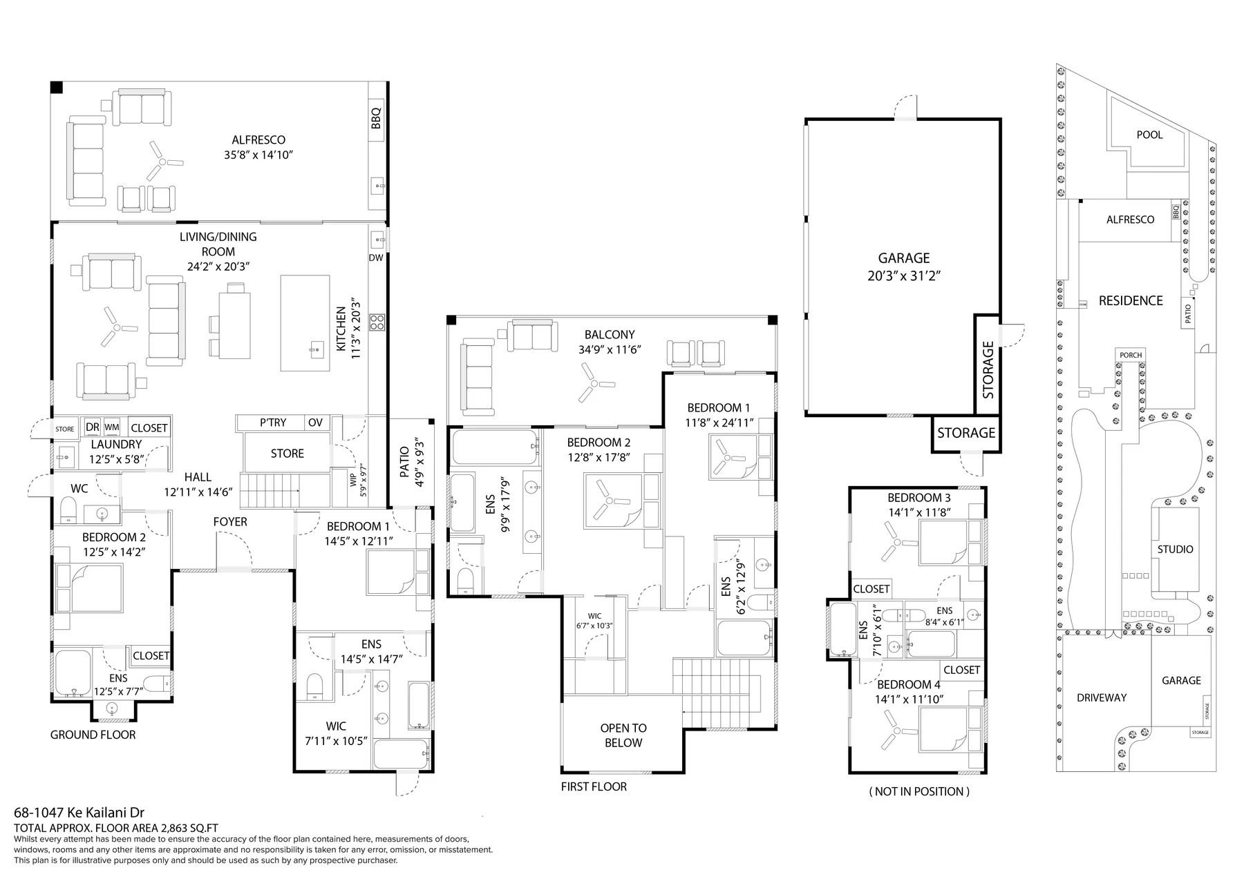 Plano arquitectónico que muestra la distribución de las habitaciones en varios niveles.
