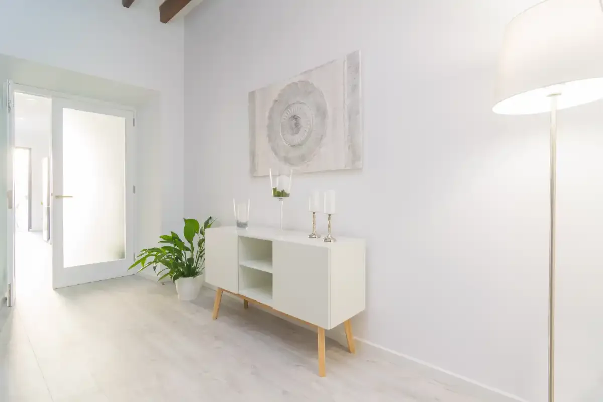 Un pasillo interior luminoso con un aparador blanco y una planta en maceta.