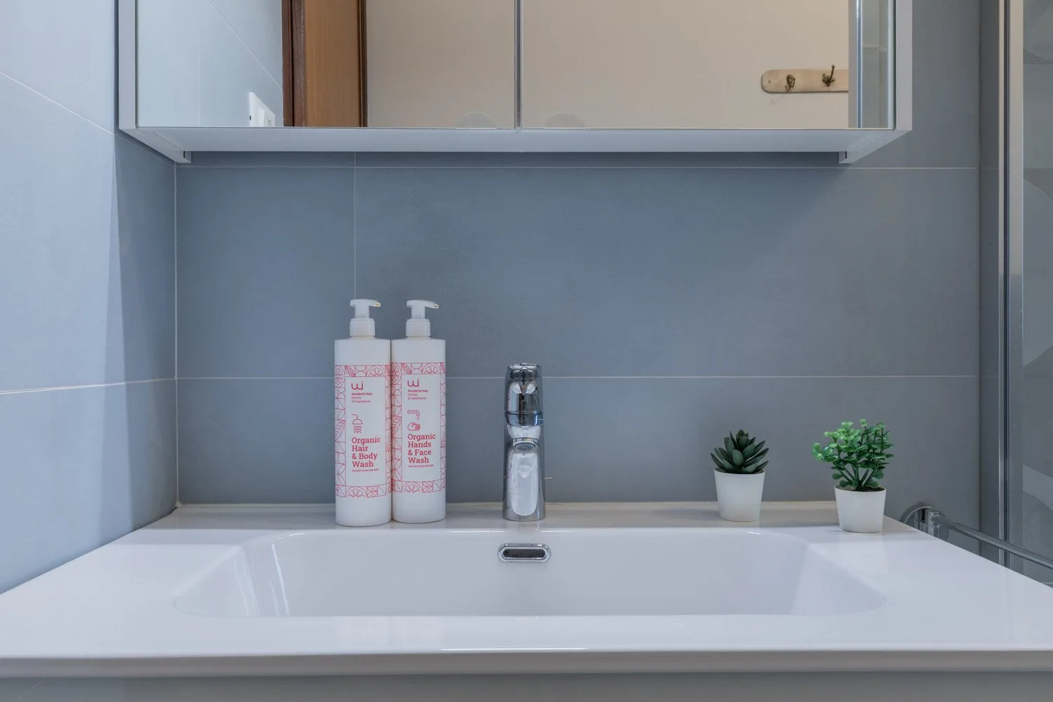 A bathroom sink sits beneath a mirrored cabinet, with small potted plants beside it.