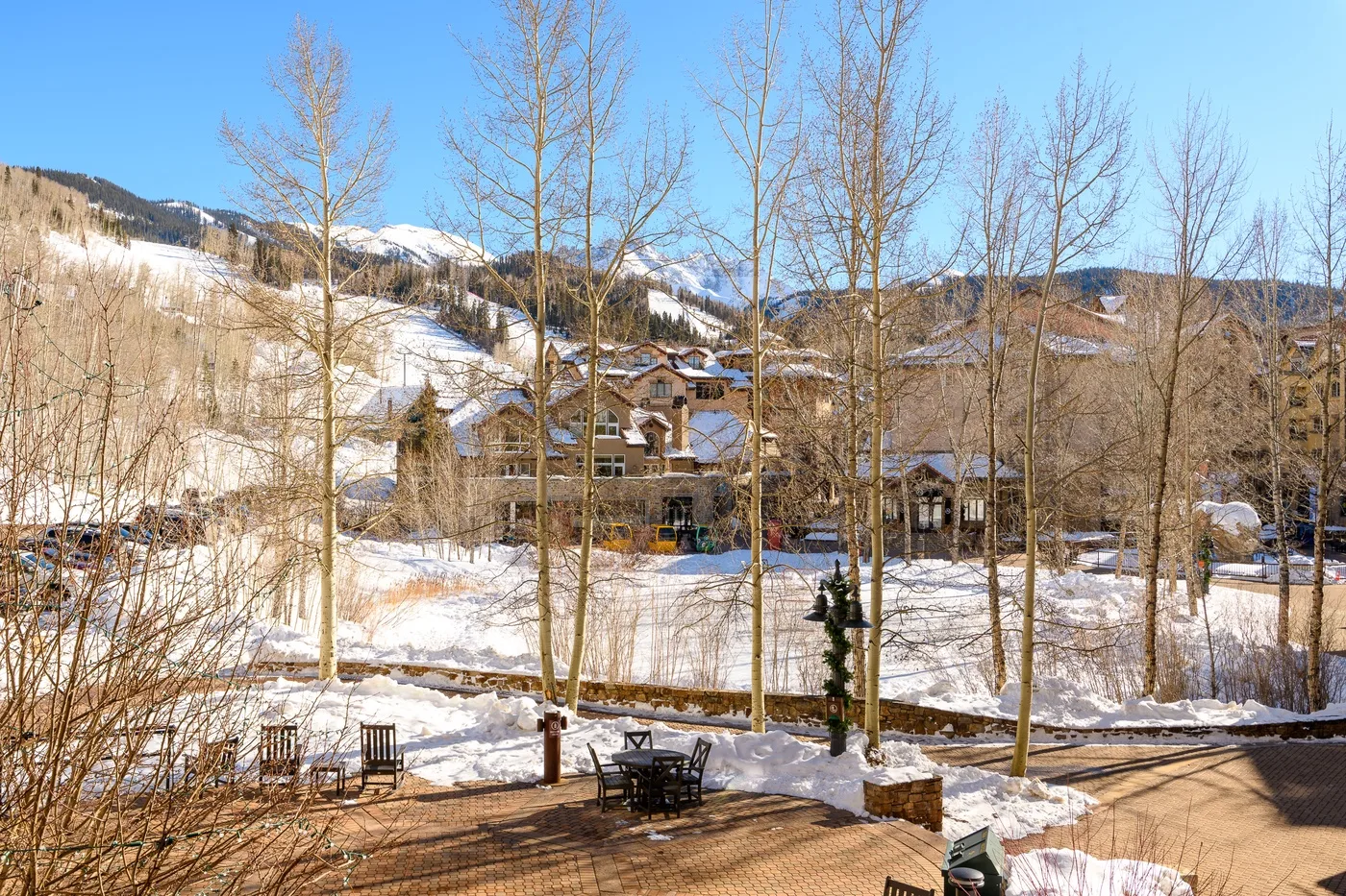 A snowy mountain lodge is visible beyond a paved patio and leafless trees.
