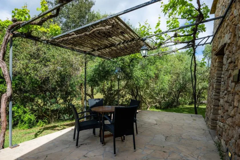 An outdoor dining area sits beneath a leafy pergola beside a stone wall.