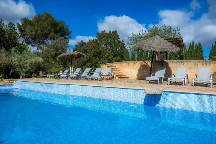 An outdoor swimming pool sits beside a terrace with loungers and shade umbrellas.