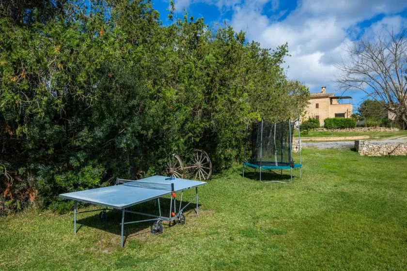 A grassy outdoor recreation area with a table tennis table and trampoline.