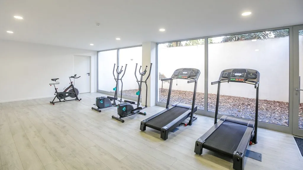 A bright indoor gym with treadmills and exercise machines beside large windows.