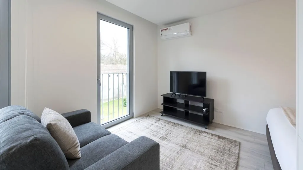 A bright living room with gray seating, a television, and a tall window.