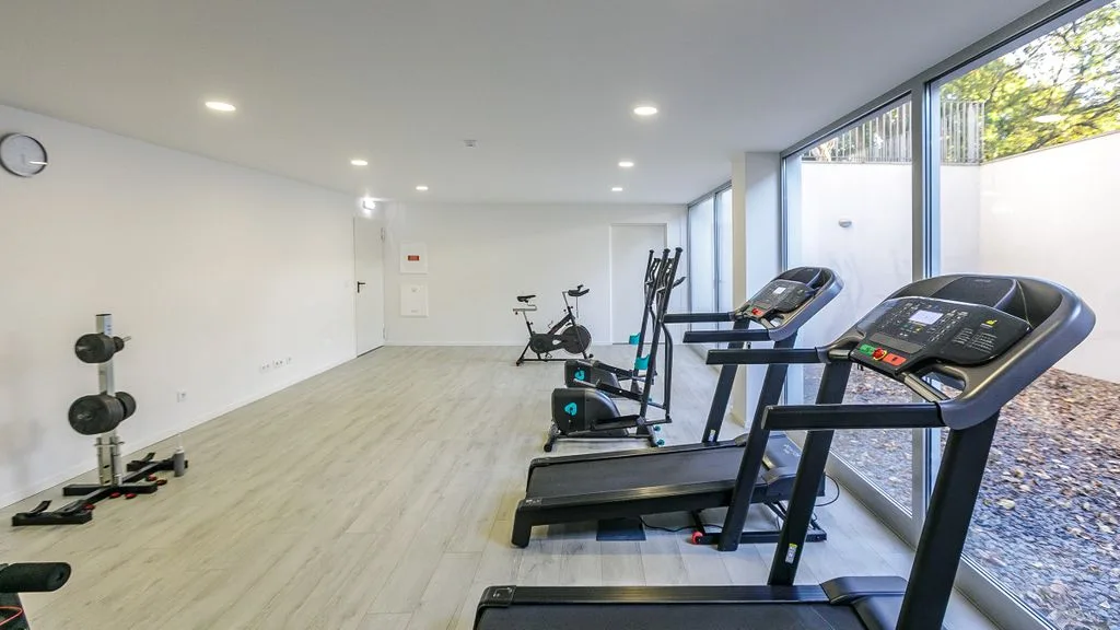A gym with treadmills and exercise equipment beside large windows.