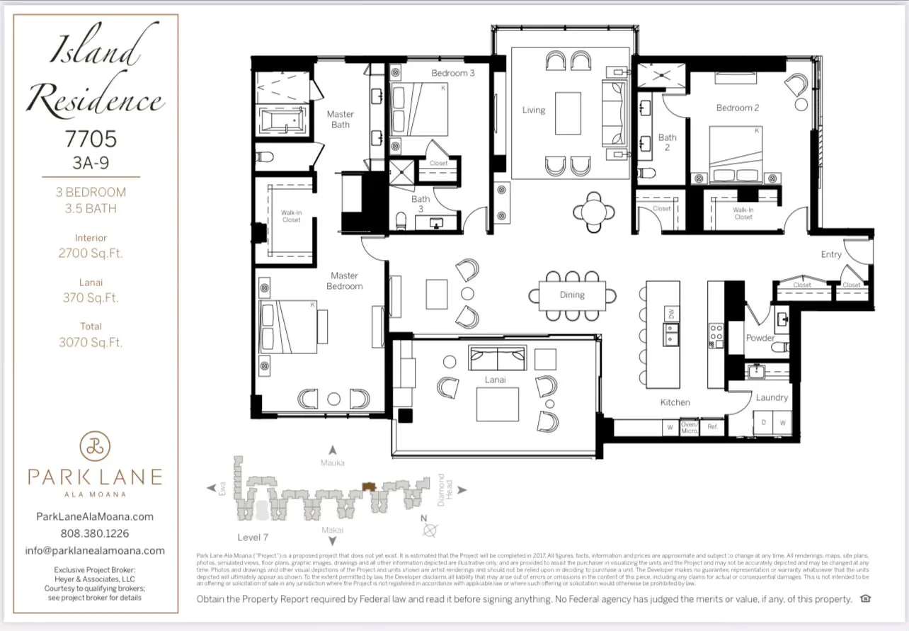 A floor plan shows a three-bedroom residence with a central living and dining area.