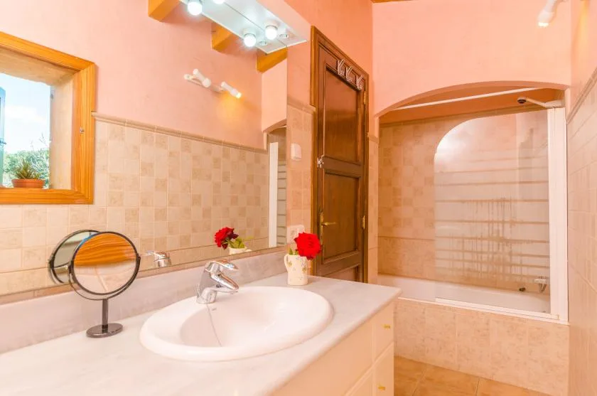 Un lavabo con espejo está junto a una bañera en el baño.