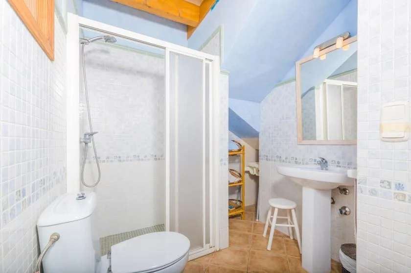 Un baño alicatado con ducha, inodoro y lavabo.