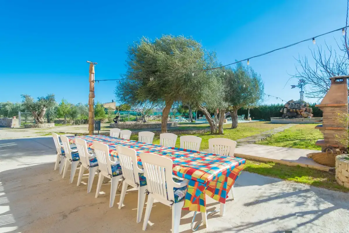 An outdoor dining area with a long table set beneath a tree.