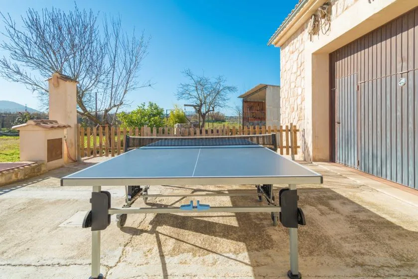 An outdoor table tennis table stands on a paved patio beside a building.