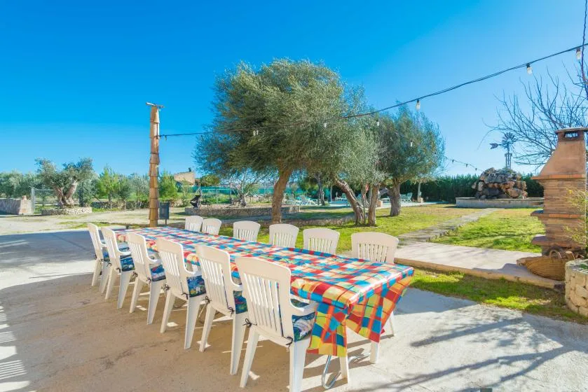 An outdoor dining area has a long table covered with a colorful checked cloth.