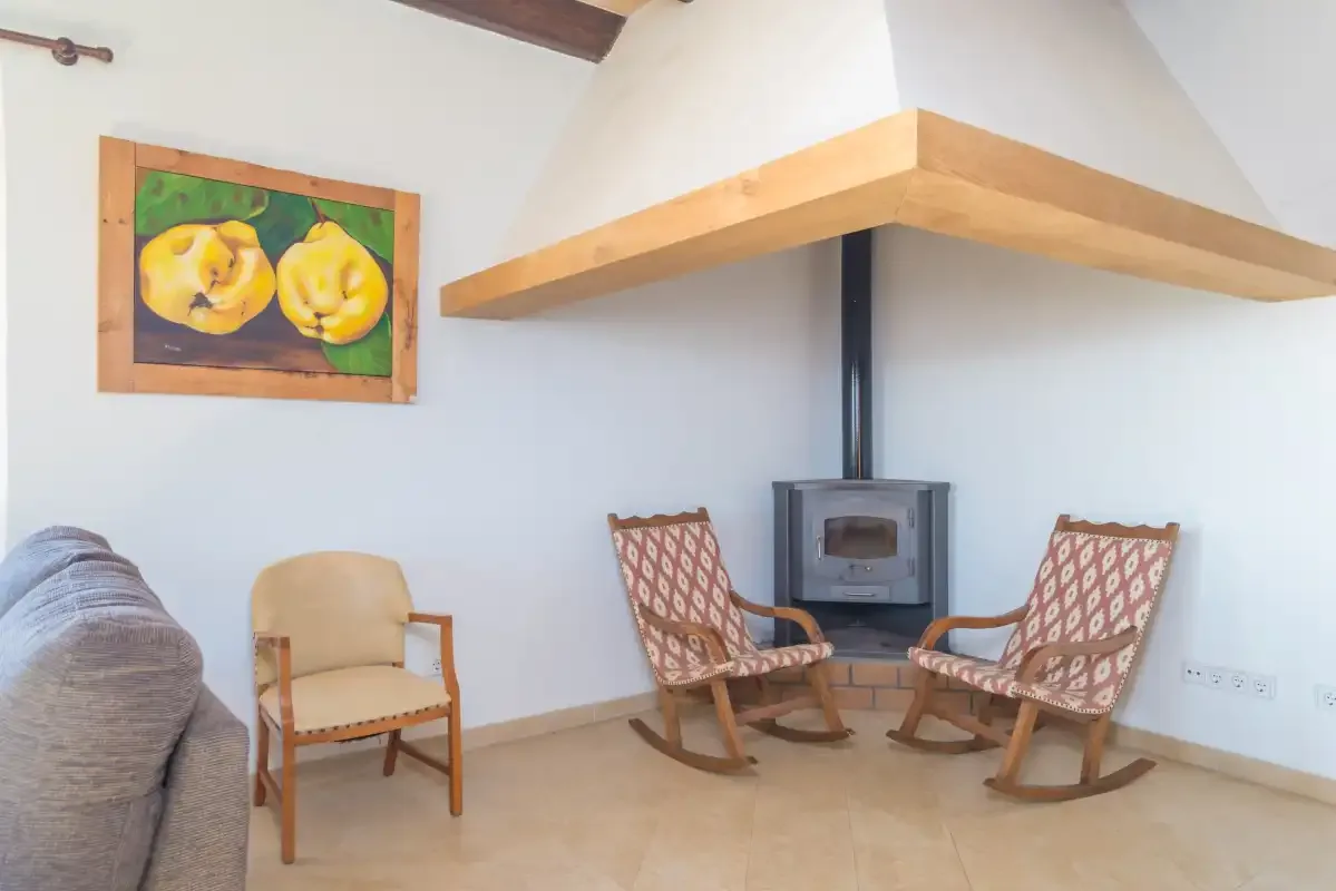 A living room with two rocking chairs beside a wood-burning stove.