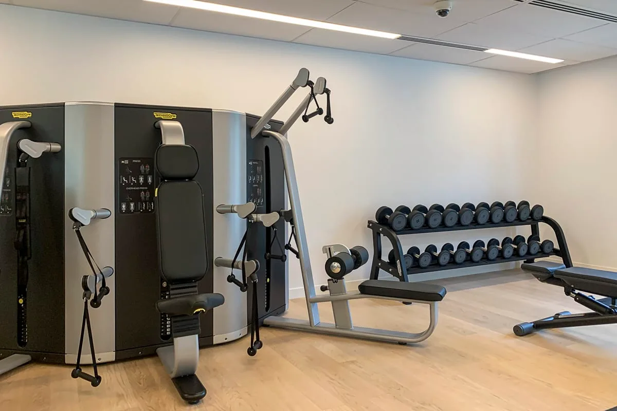 Una sala de ejercicio con máquinas de fuerza y un soporte con mancuernas.