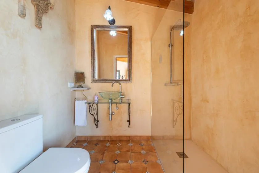 Un baño con una ducha de vidrio y un lavabo bajo un espejo enmarcado.