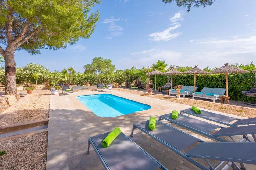 Una piscina está junto a tumbonas y asientos a la sombra en un jardín.