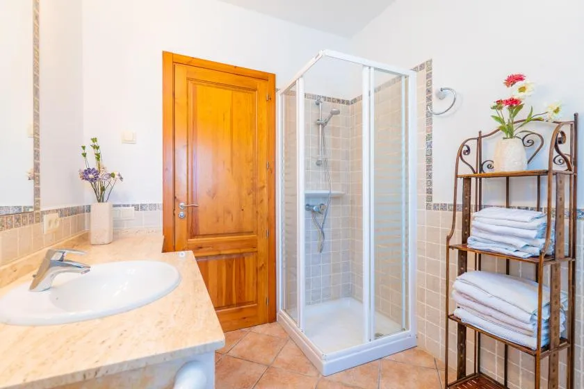 A bathroom with a sink vanity, wooden door, and glass shower.