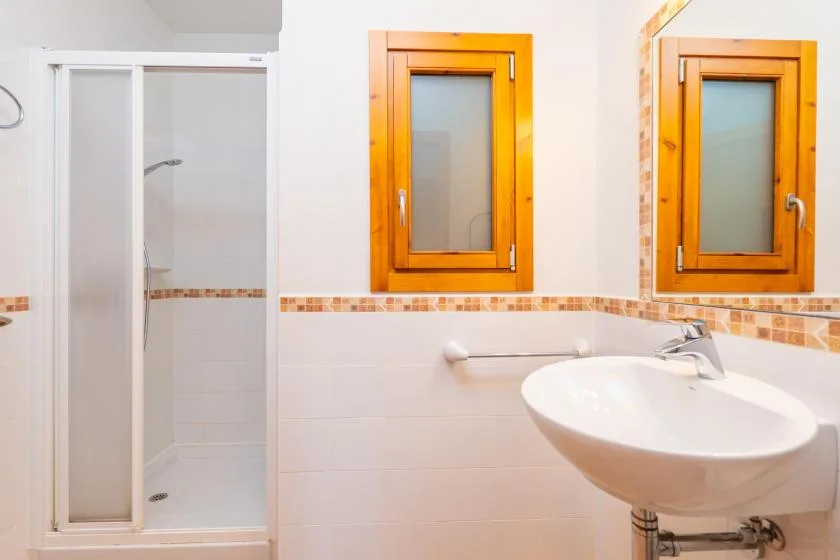 A bright bathroom with a shower, a sink, and two windows.